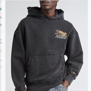AMIRI Black Distressed Hooded Sweatshirt with Gold Logo